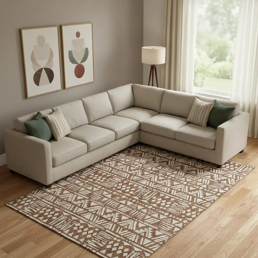 Terra Cotta And Beige Southwestern Washable Area Rug With UV Protection Photo 1