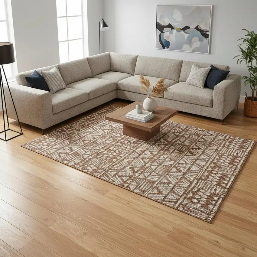 Terra Cotta And Beige Southwestern Washable Area Rug With UV Protection Photo 2