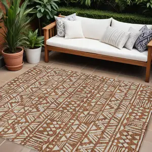 Photo of Terra Cotta And Beige Southwestern Washable Indoor Outdoor Area Rug