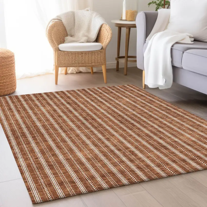 Terra Cotta And Beige Striped Washable Area Rug With UV Protection Photo 4