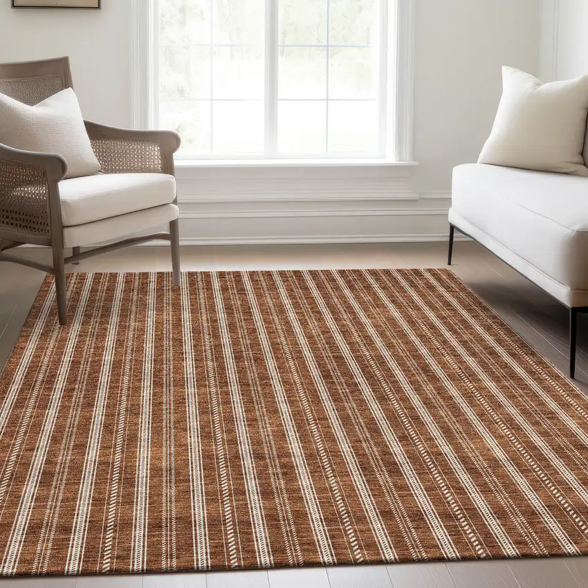 Terra Cotta And Beige Striped Washable Area Rug With UV Protection Photo 5