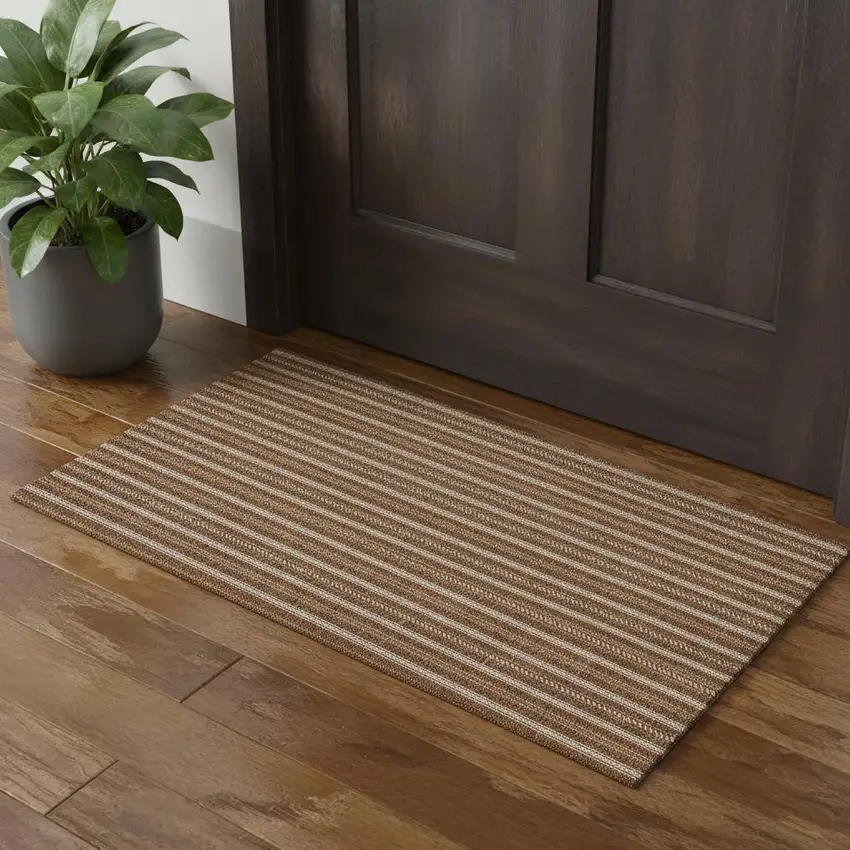 Terra Cotta And Beige Striped Washable Area Rug With UV Protection Photo 1
