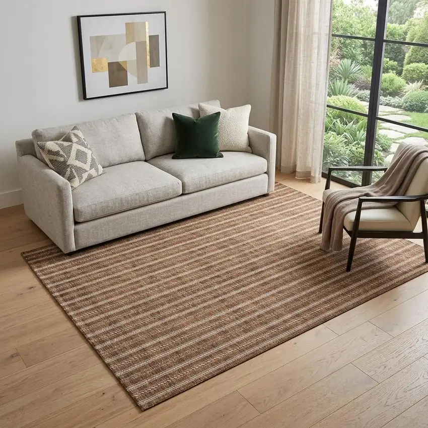 Terra Cotta And Beige Striped Washable Area Rug With UV Protection Photo 1