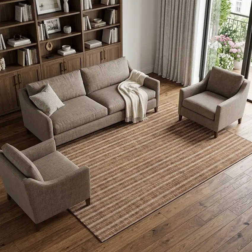 Terra Cotta And Beige Striped Washable Area Rug With UV Protection Photo 1