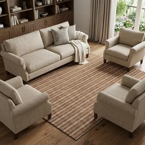 Terra Cotta And Beige Striped Washable Area Rug With UV Protection Photo 1