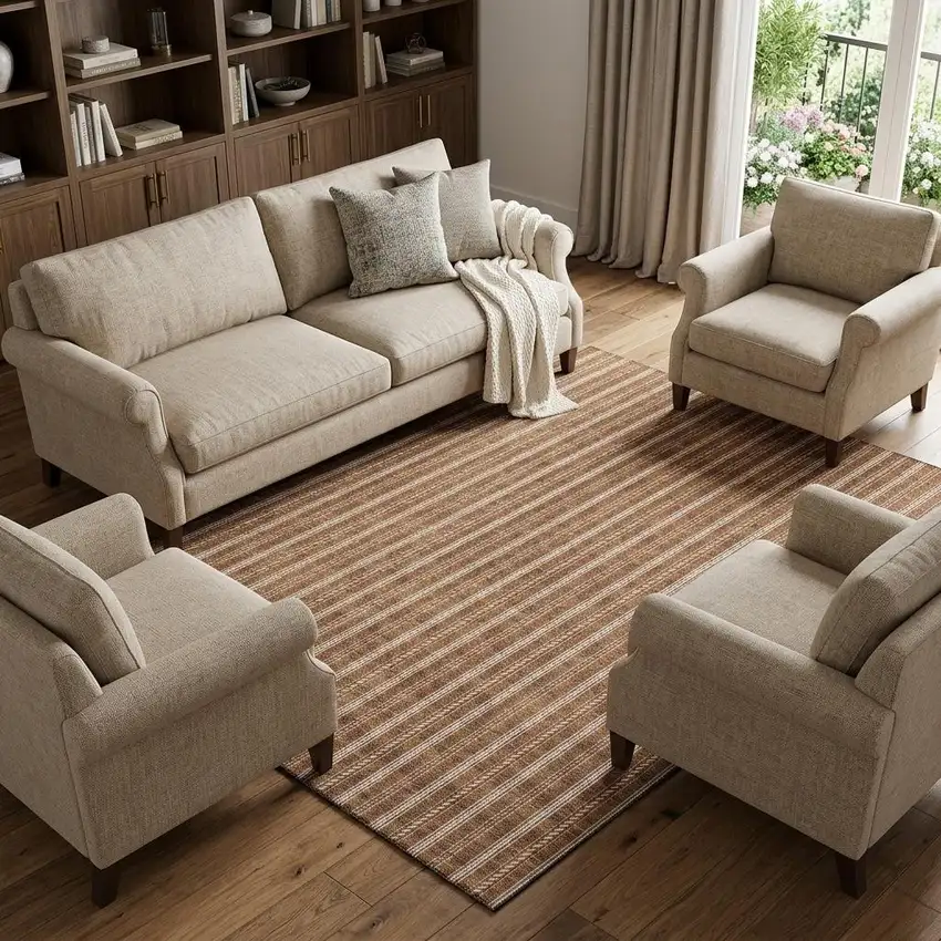 Terra Cotta And Beige Striped Washable Area Rug With UV Protection Photo 1