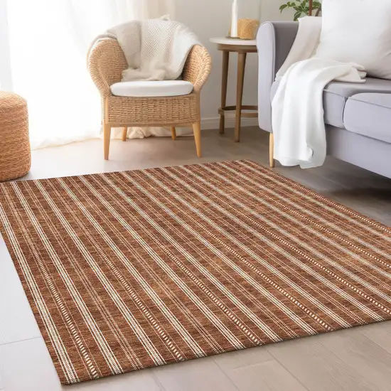 Terra Cotta And Beige Striped Washable Area Rug With UV Protection Photo 2