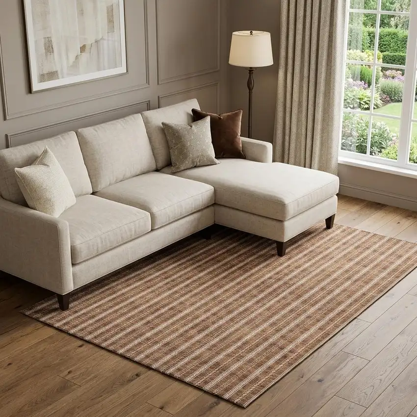 Terra Cotta And Beige Striped Washable Area Rug With UV Protection Photo 1
