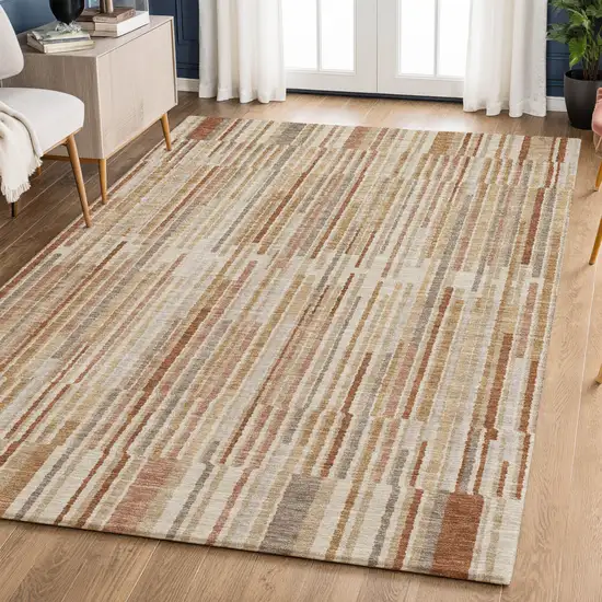 Terra Cotta And Beige Striped Washable Area Rug With UV Protection Photo 2