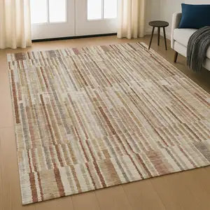 Photo of Terra Cotta And Beige Striped Washable Area Rug With UV Protection