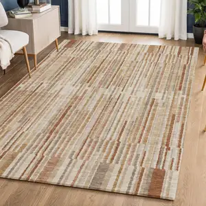 Photo of Terra Cotta And Beige Striped Washable Area Rug With UV Protection