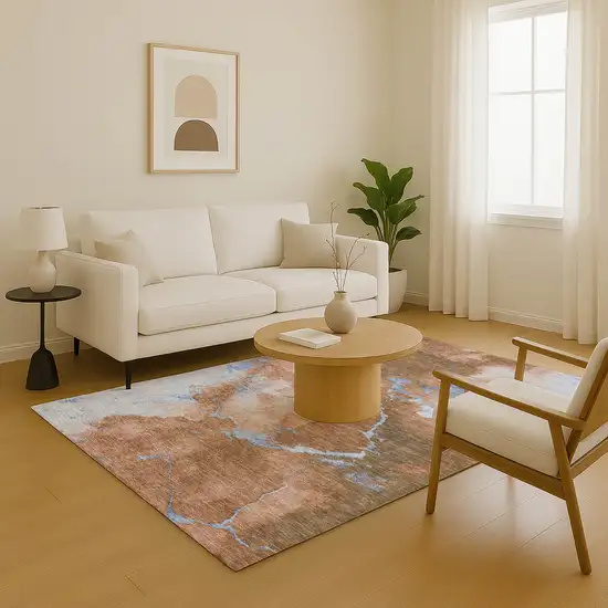 Terra Cotta And Blue Abstract Washable Area Rug With UV Protection Photo 6