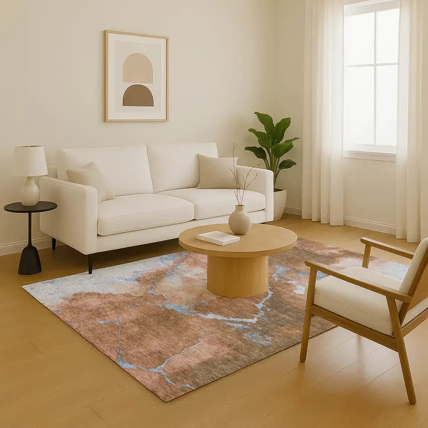 Terra Cotta And Blue Abstract Washable Area Rug With UV Protection Photo 5