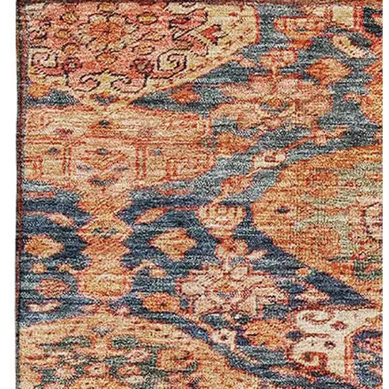 Terra Cotta And Blue Damask Washable Area Rug With UV Protection Photo 4