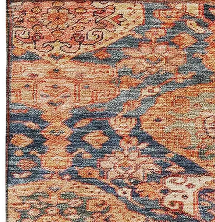 Terra Cotta And Blue Damask Washable Area Rug With UV Protection Photo 4