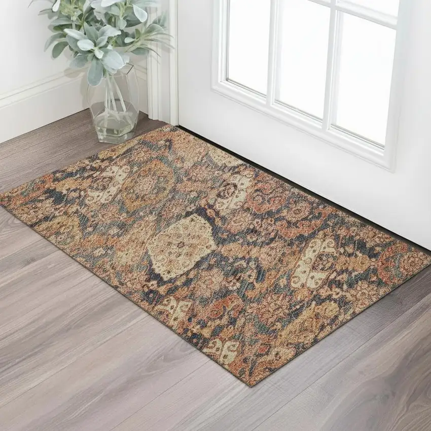 Terra Cotta And Blue Damask Washable Area Rug With UV Protection Photo 2