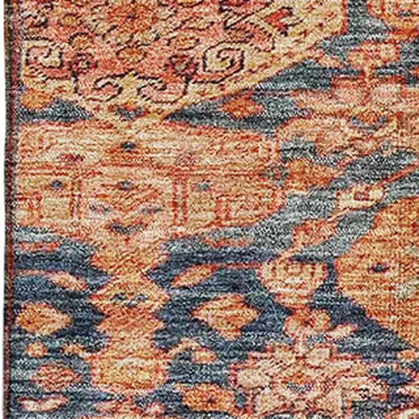 Terra Cotta And Blue Damask Washable Area Rug With UV Protection Photo 7