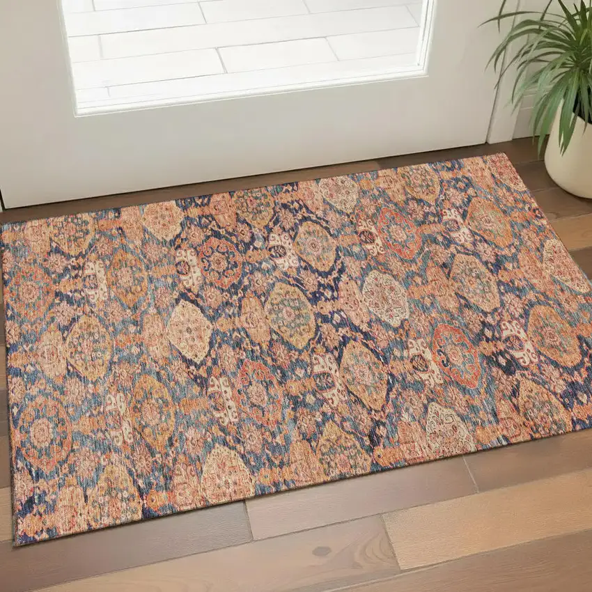 Terra Cotta And Blue Damask Washable Area Rug With UV Protection Photo 1