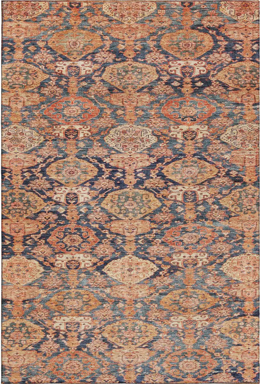 Terra Cotta And Blue Damask Washable Area Rug With UV Protection Photo 2
