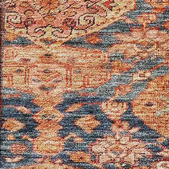 Terra Cotta And Blue Damask Washable Area Rug With UV Protection Photo 3