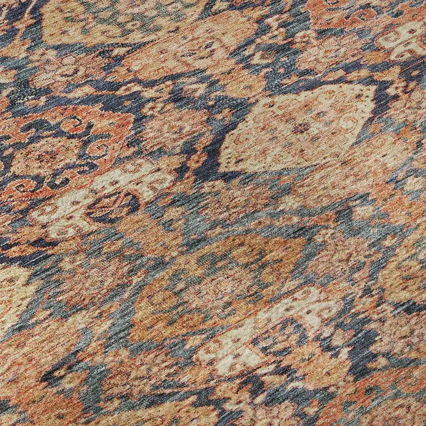 Terra Cotta And Blue Damask Washable Area Rug With UV Protection Photo 1