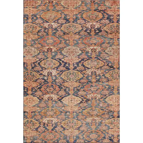 Terra Cotta And Blue Damask Washable Area Rug With UV Protection Photo 6