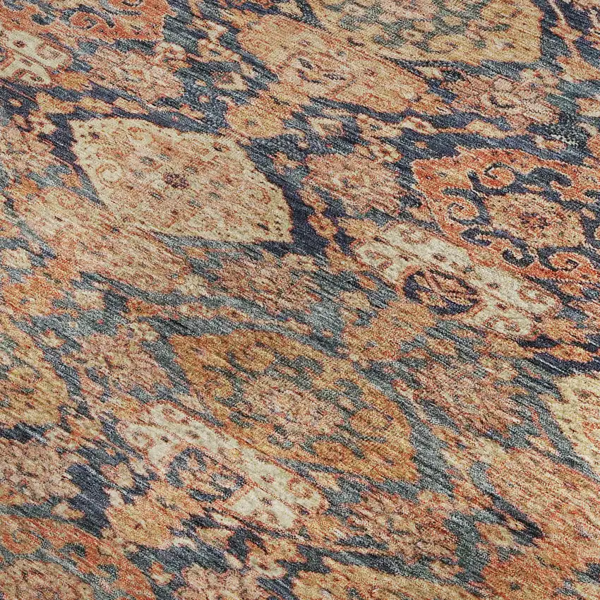 Terra Cotta And Blue Damask Washable Area Rug With UV Protection Photo 3