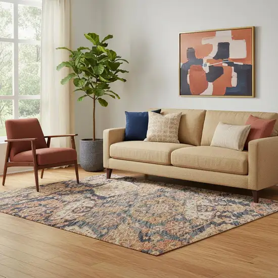 Terra Cotta And Blue Damask Washable Area Rug With UV Protection Photo 2