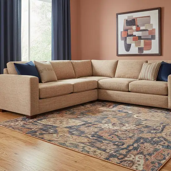 Terra Cotta And Blue Damask Washable Area Rug With UV Protection Photo 2