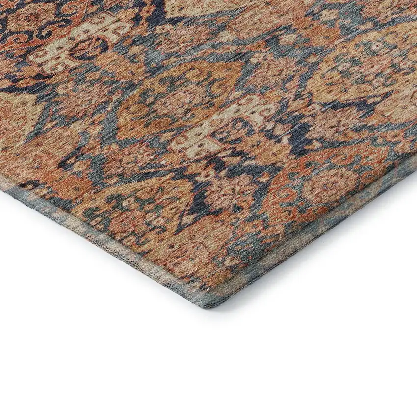 Terra Cotta And Blue Damask Washable Area Rug With UV Protection Photo 7