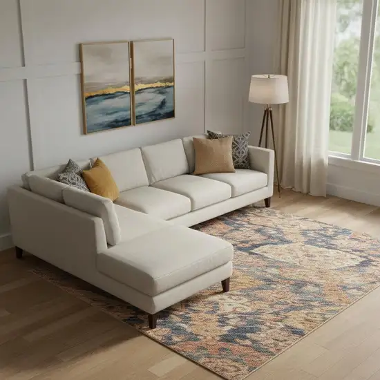 Terra Cotta And Blue Damask Washable Area Rug With UV Protection Photo 2