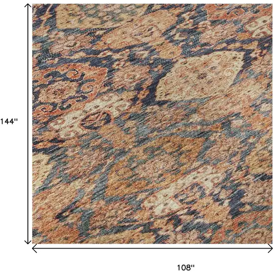 Terra Cotta And Blue Damask Washable Area Rug With UV Protection Photo 9
