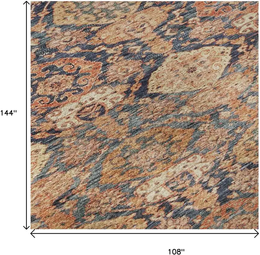 Terra Cotta And Blue Damask Washable Area Rug With UV Protection Photo 9