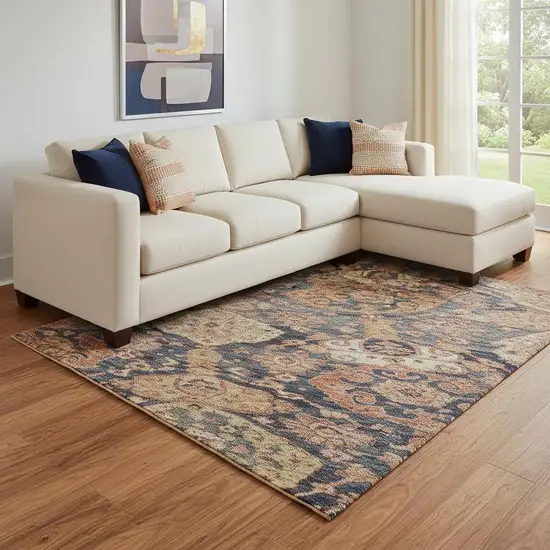 Terra Cotta And Blue Damask Washable Area Rug With UV Protection Photo 2