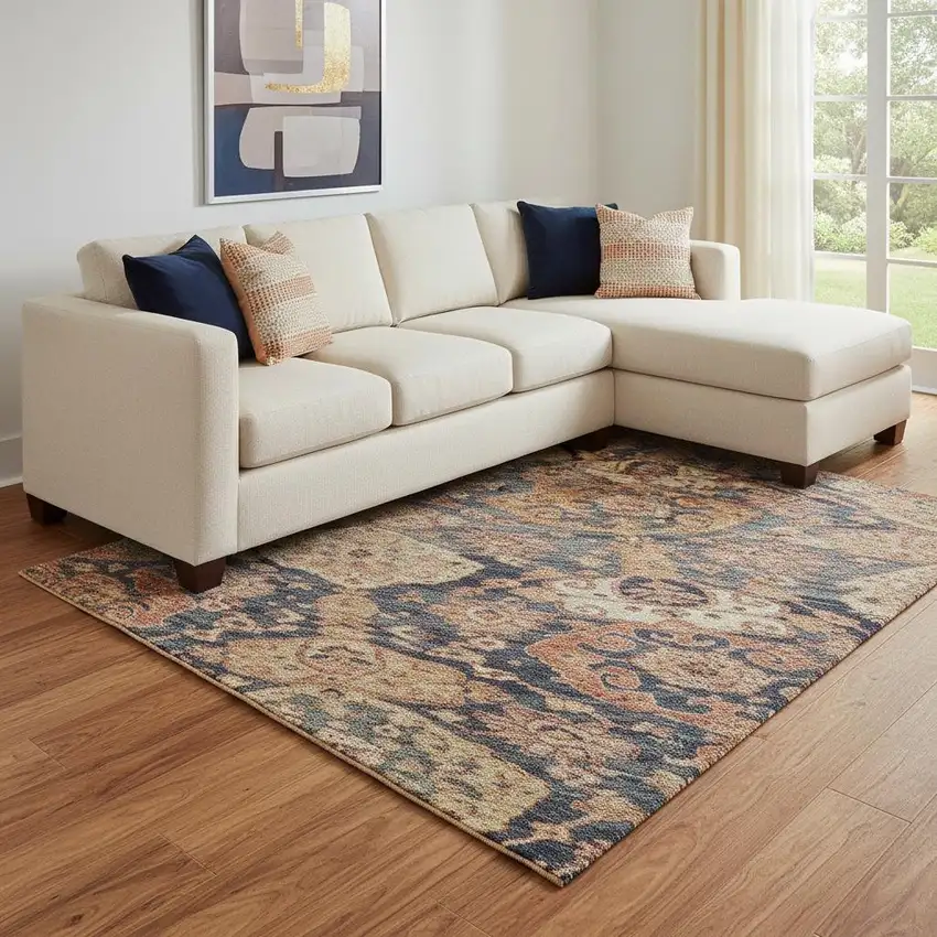 Terra Cotta And Blue Damask Washable Area Rug With UV Protection Photo 2