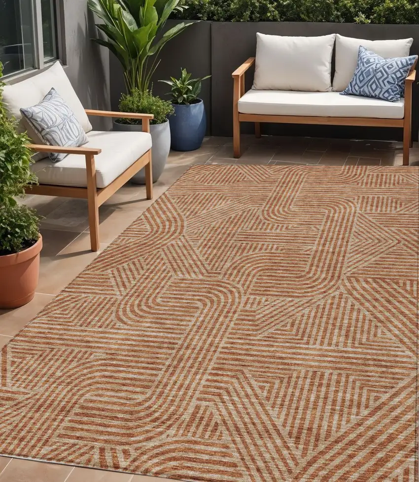 Terra Cotta And Brown Abstract Washable Indoor Outdoor Area Rug Photo 1