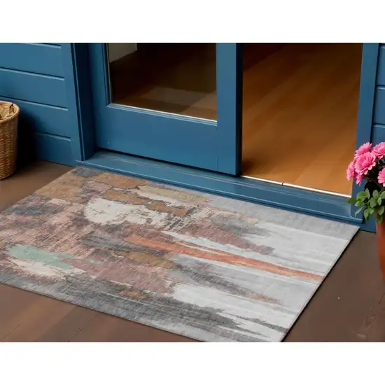Terra Cotta And Charcoal Abstract Washable Indoor Outdoor Area Rug Photo 2
