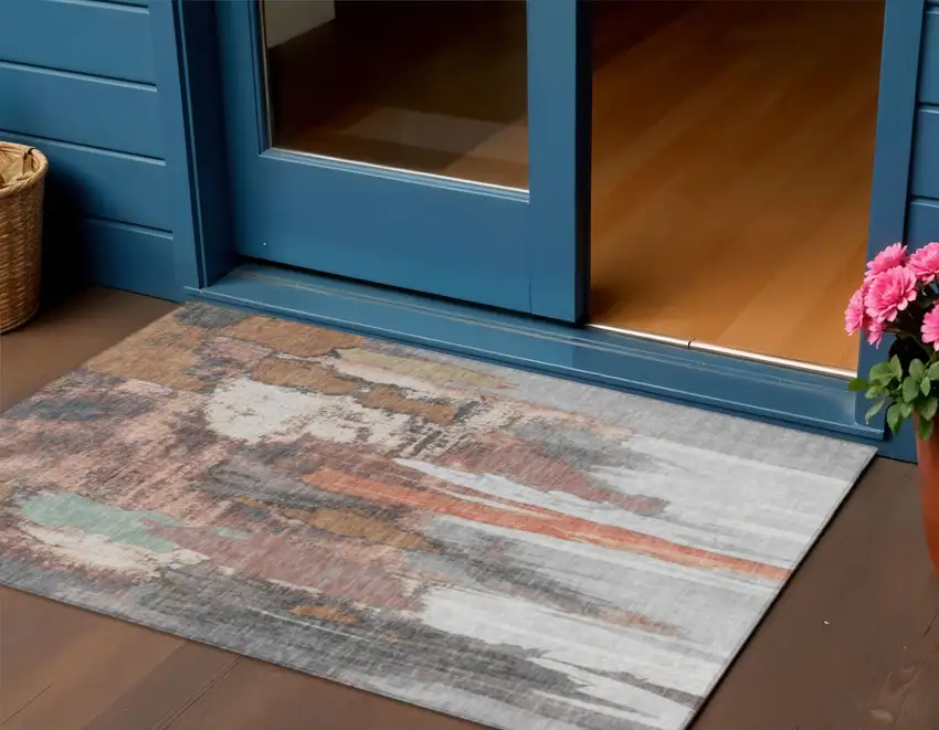 Terra Cotta And Charcoal Abstract Washable Indoor Outdoor Area Rug Photo 2