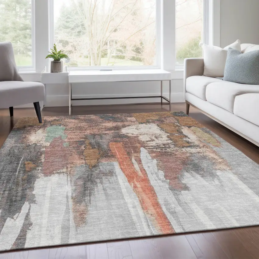 Terra Cotta And Charcoal Abstract Washable Indoor Outdoor Area Rug Photo 6