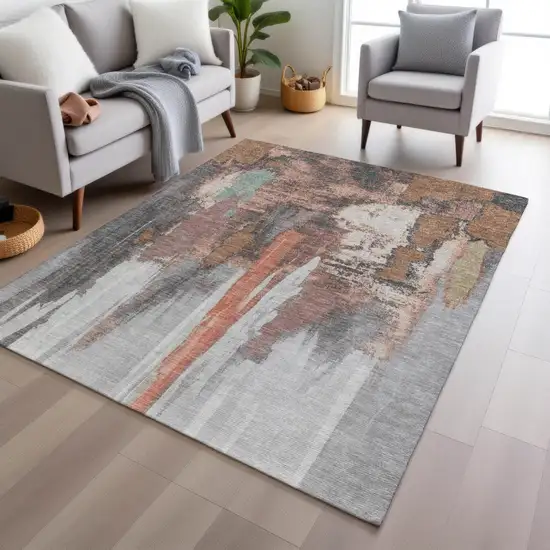 Terra Cotta And Charcoal Abstract Washable Indoor Outdoor Area Rug Photo 5