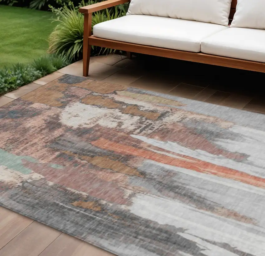 Terra Cotta And Charcoal Abstract Washable Indoor Outdoor Area Rug Photo 2