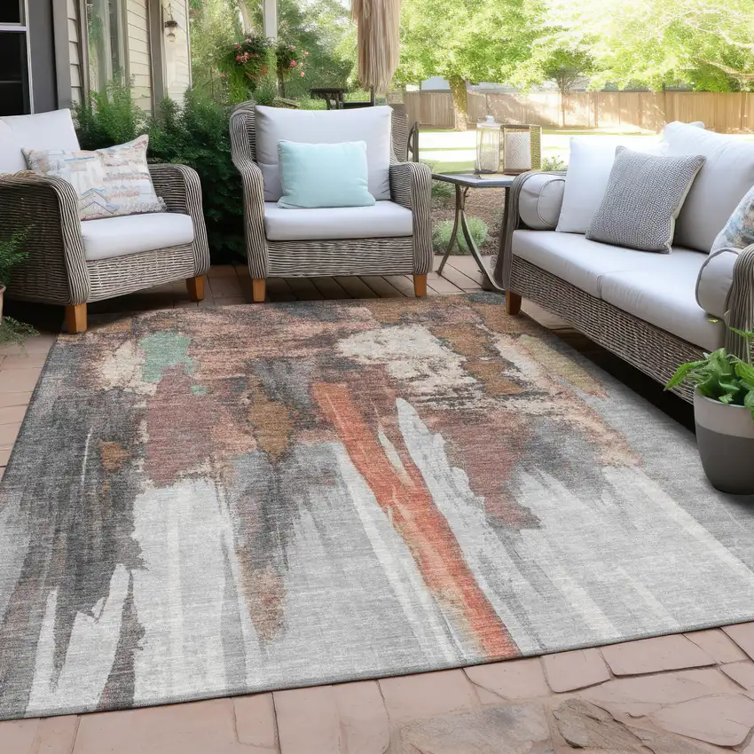 Terra Cotta And Charcoal Abstract Washable Indoor Outdoor Area Rug Photo 3