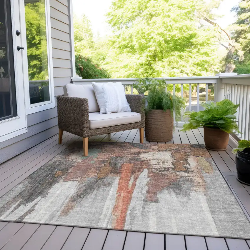 Terra Cotta And Charcoal Abstract Washable Indoor Outdoor Area Rug Photo 6