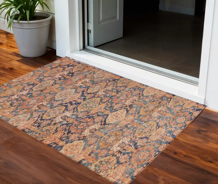 Terra Cotta And Charcoal Damask Washable Indoor Outdoor Area Rug Photo 1