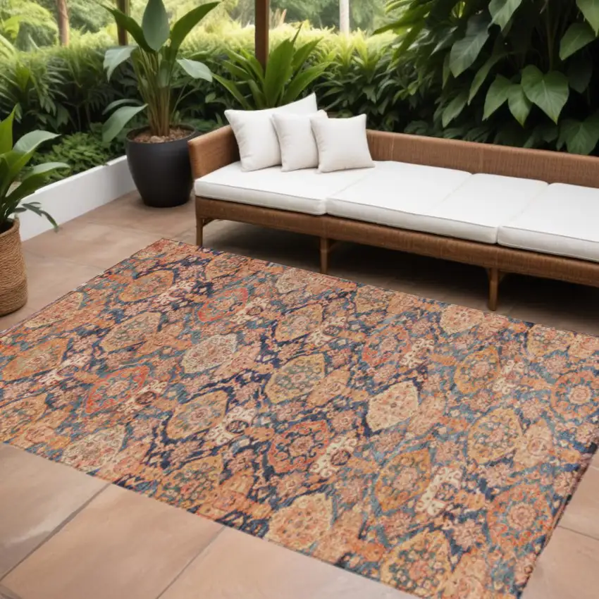 Terra Cotta And Charcoal Damask Washable Indoor Outdoor Area Rug Photo 1
