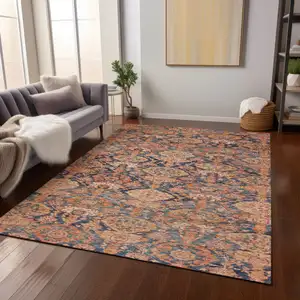 Photo of Terra Cotta And Charcoal Damask Washable Indoor Outdoor Area Rug