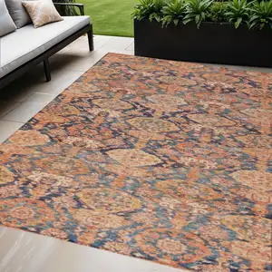 Photo of Terra Cotta And Charcoal Damask Washable Indoor Outdoor Area Rug