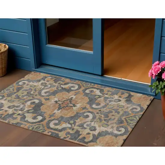 Terra Cotta And Charcoal Damask Washable Indoor Outdoor Area Rug Photo 2