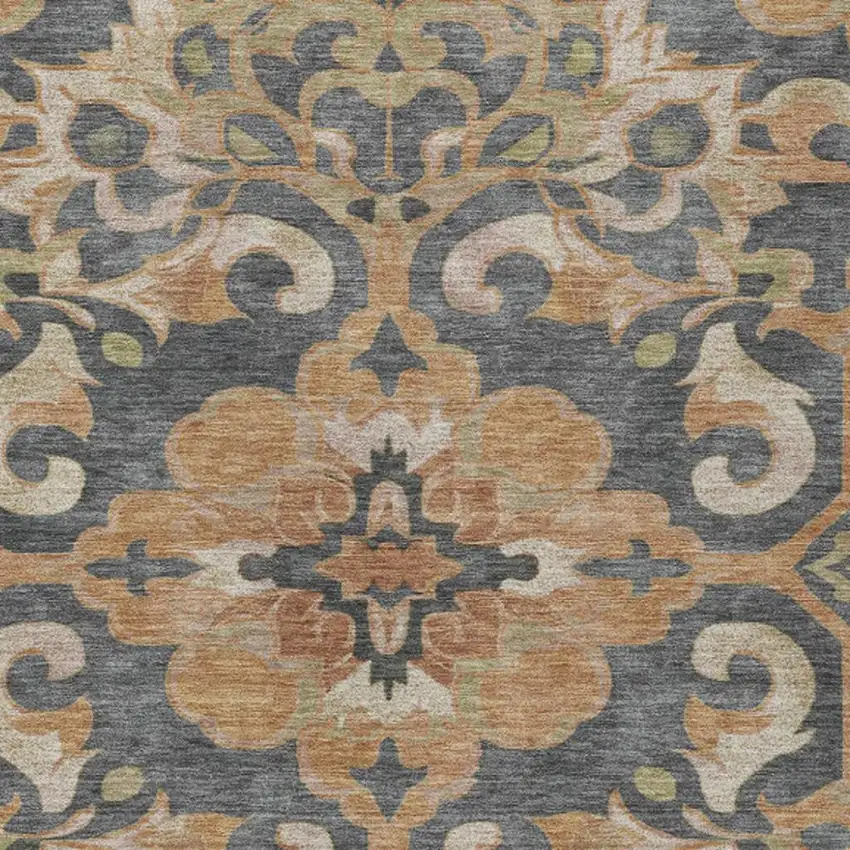 Terra Cotta And Charcoal Damask Washable Indoor Outdoor Area Rug Photo 4