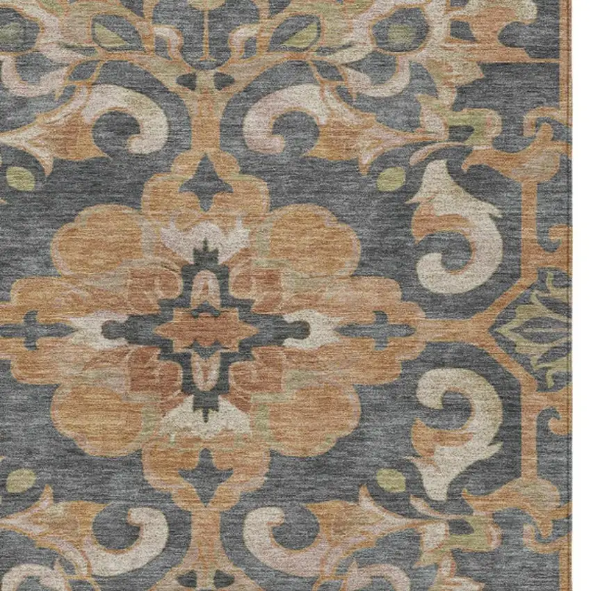 Terra Cotta And Charcoal Damask Washable Indoor Outdoor Area Rug Photo 6